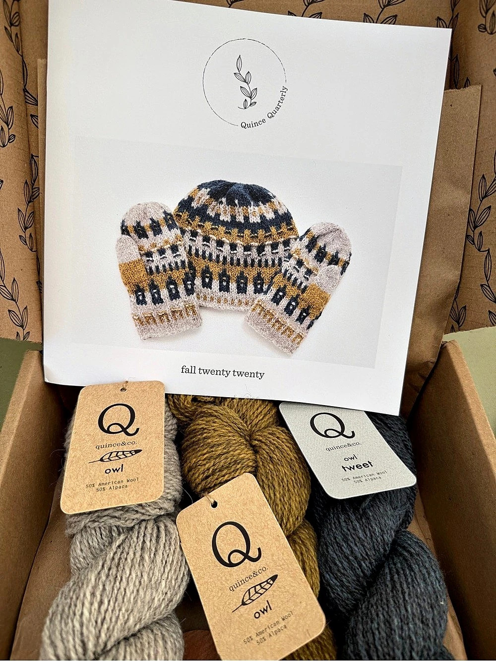 Quince Albizia Hat and Mittens Wool knitting Set in Yellow & Gray NWT